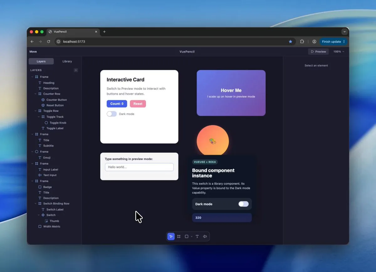 A frame from the VuePencil demo video: a canvas with real Vue components selected, next to the generated code.