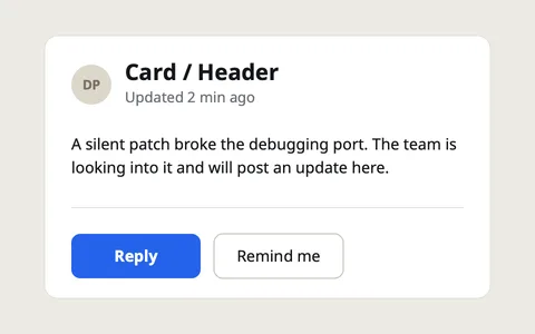 A card with a title, a timestamp, a line of text, and a blue Reply button.